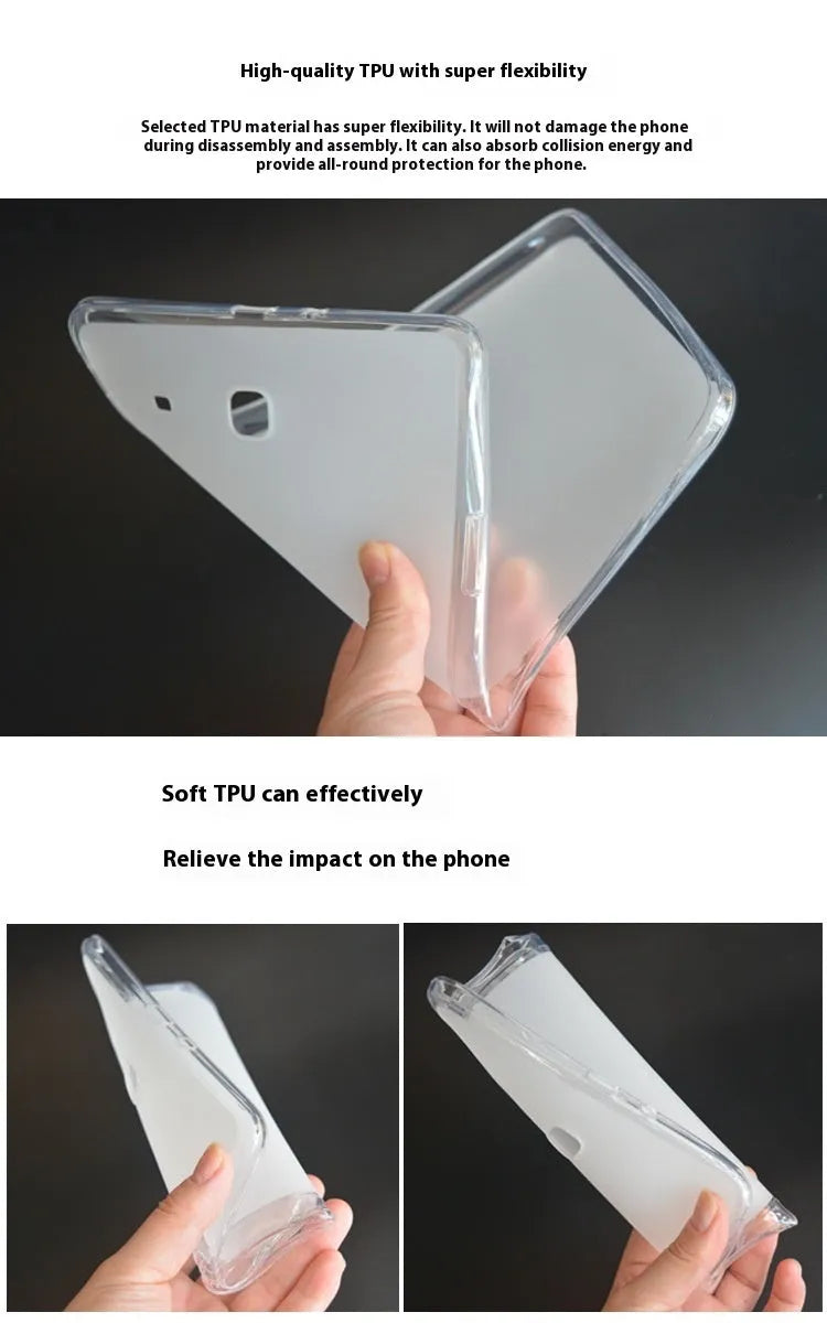 Clear ultra-thin silicone and TPU protective case for a tablet on a white background.