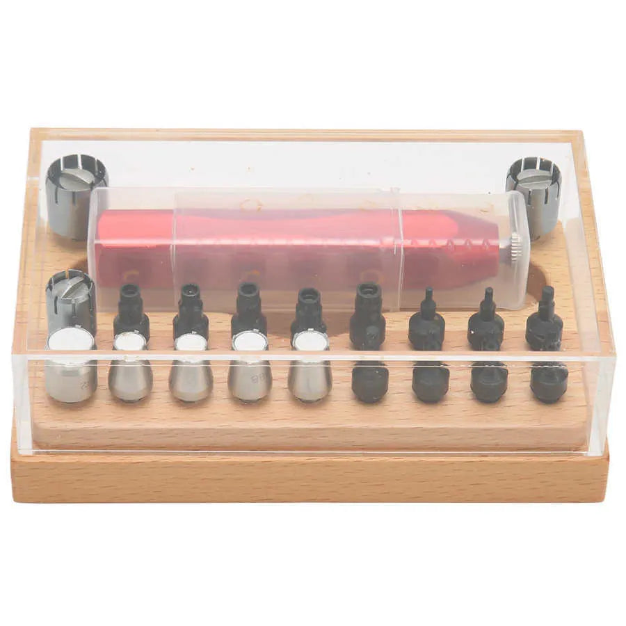 20 steel watch case opening tools organised in a black rectangular storage case.