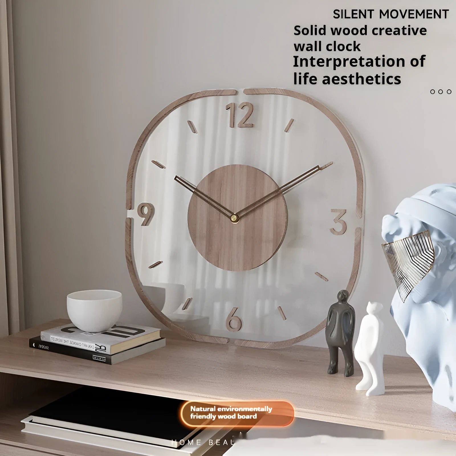 35cm square transparent wooden frame wall clock modern design