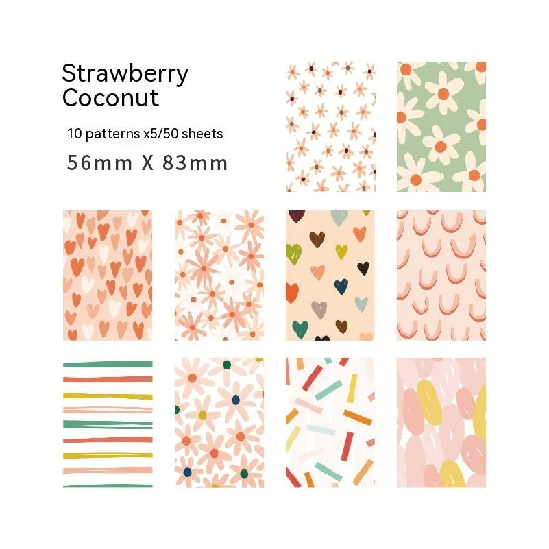 Retro collage dessert-themed note papers in ten colours showing 56x83mm size