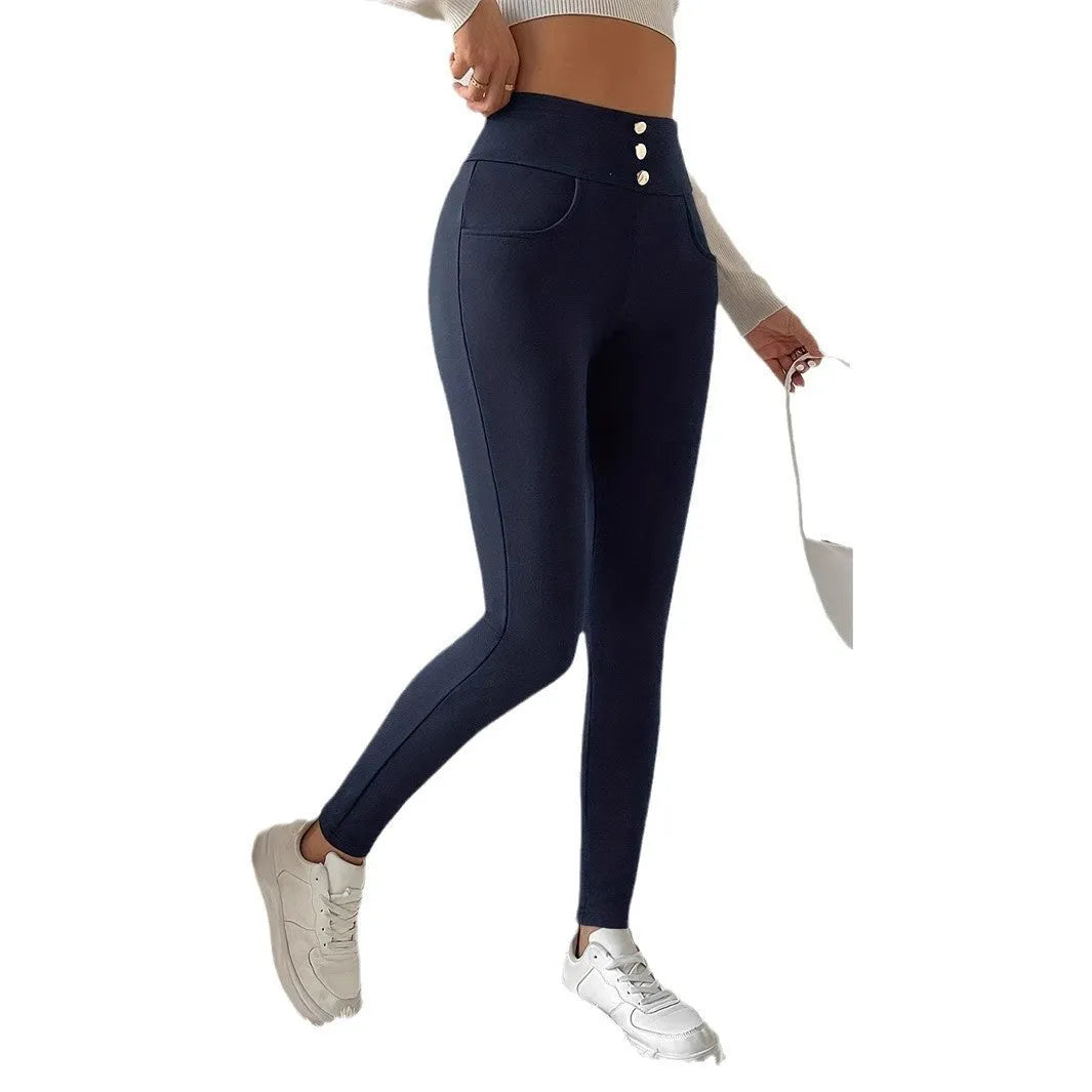Navy blue women's high waist straight leg trousers with micro elastic polyester fabric