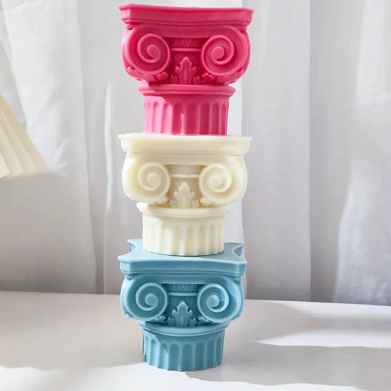 Flexible silicone Roman pillar mould for candles, chocolate, and plaster crafts.