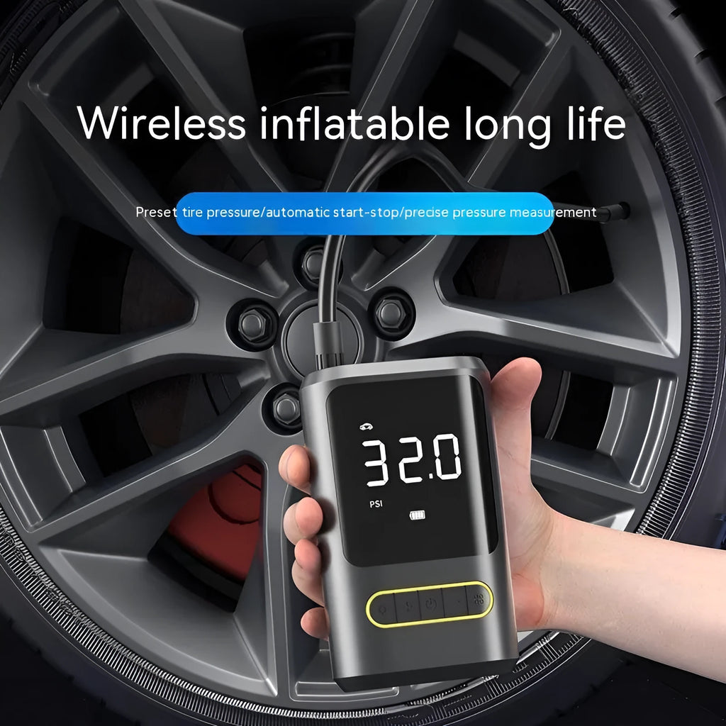 Handheld wireless digital tyre inflator with display showing pressure reading