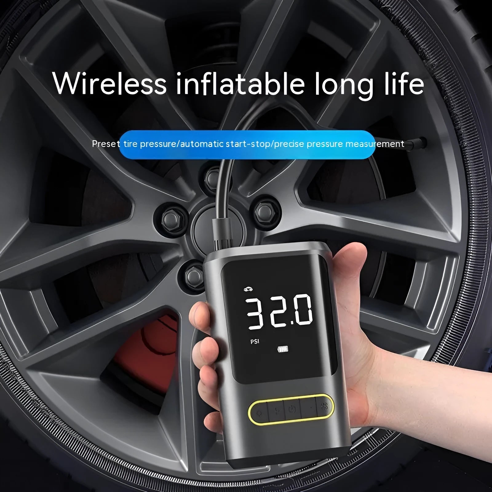 Handheld wireless digital tyre inflator with display showing pressure reading