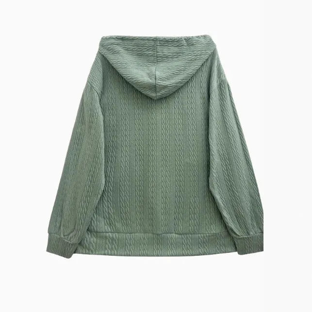 Green women's hooded sweater coat with zipper in loose Japanese Korean style