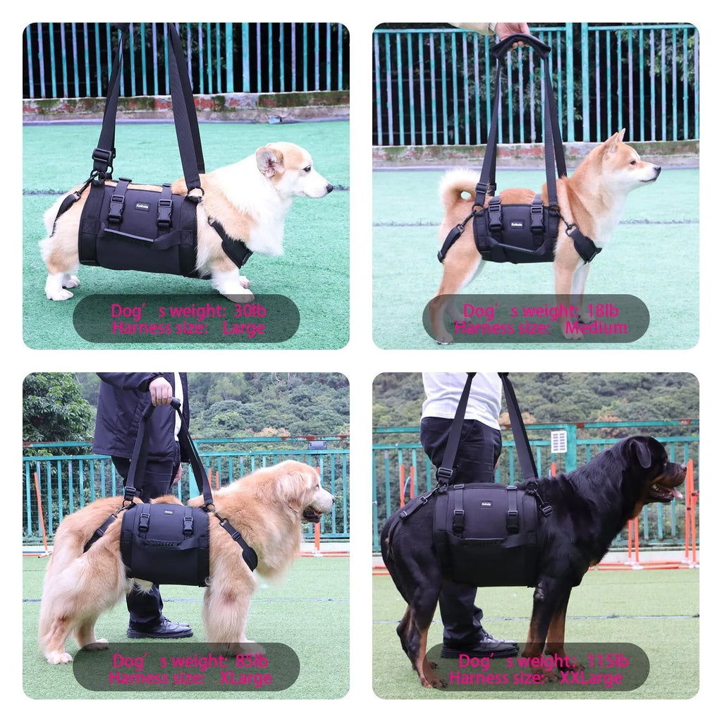 Black Oxford cloth dog rehabilitation harness with adjustable straps for leg support