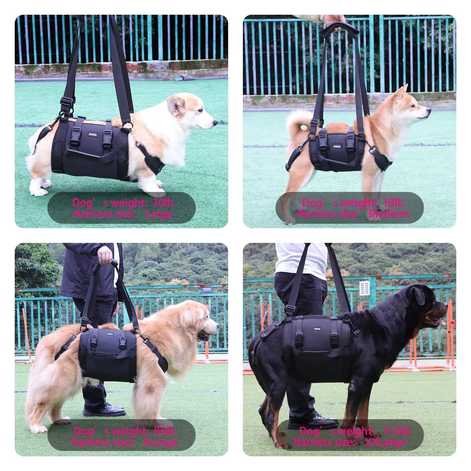 Black Oxford cloth dog rehabilitation harness with adjustable straps for leg support