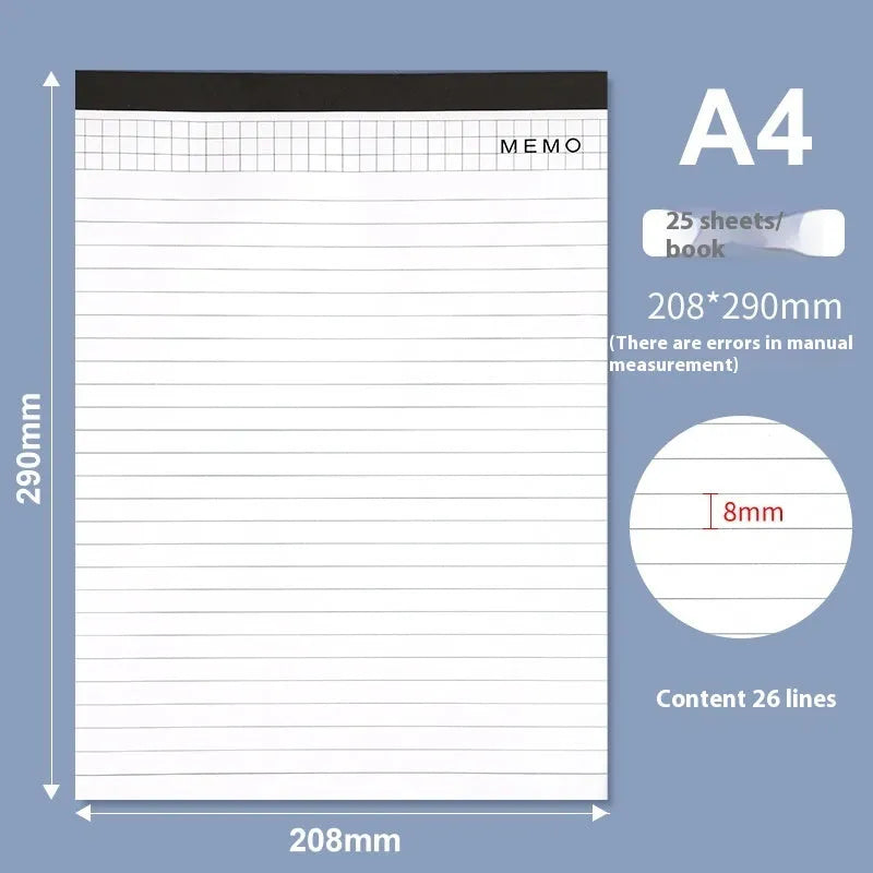 A4 size tearable notebook with ivory grid paper and a simple paper cover, shown next to an A5 size option.
