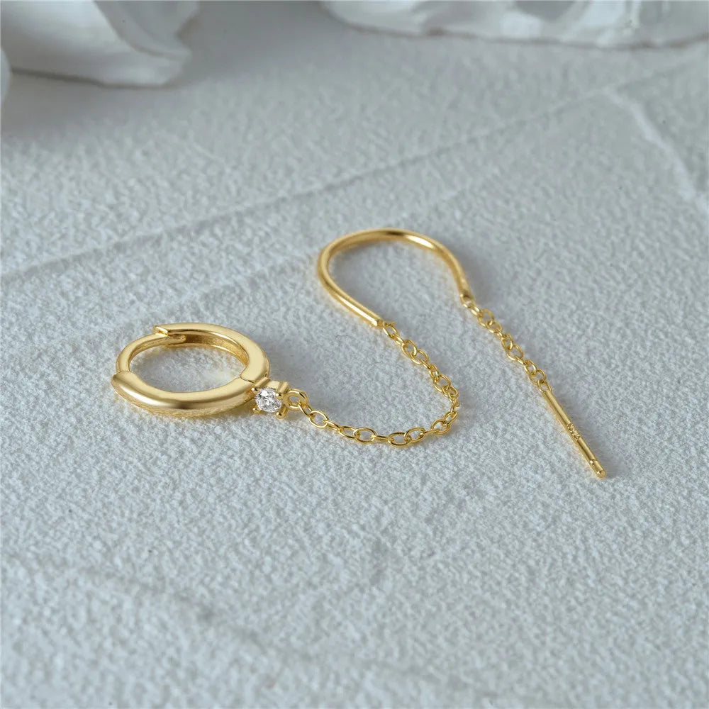 S925 sterling silver geometric ear studs with diamond flower and tassel chain detail in gold colour