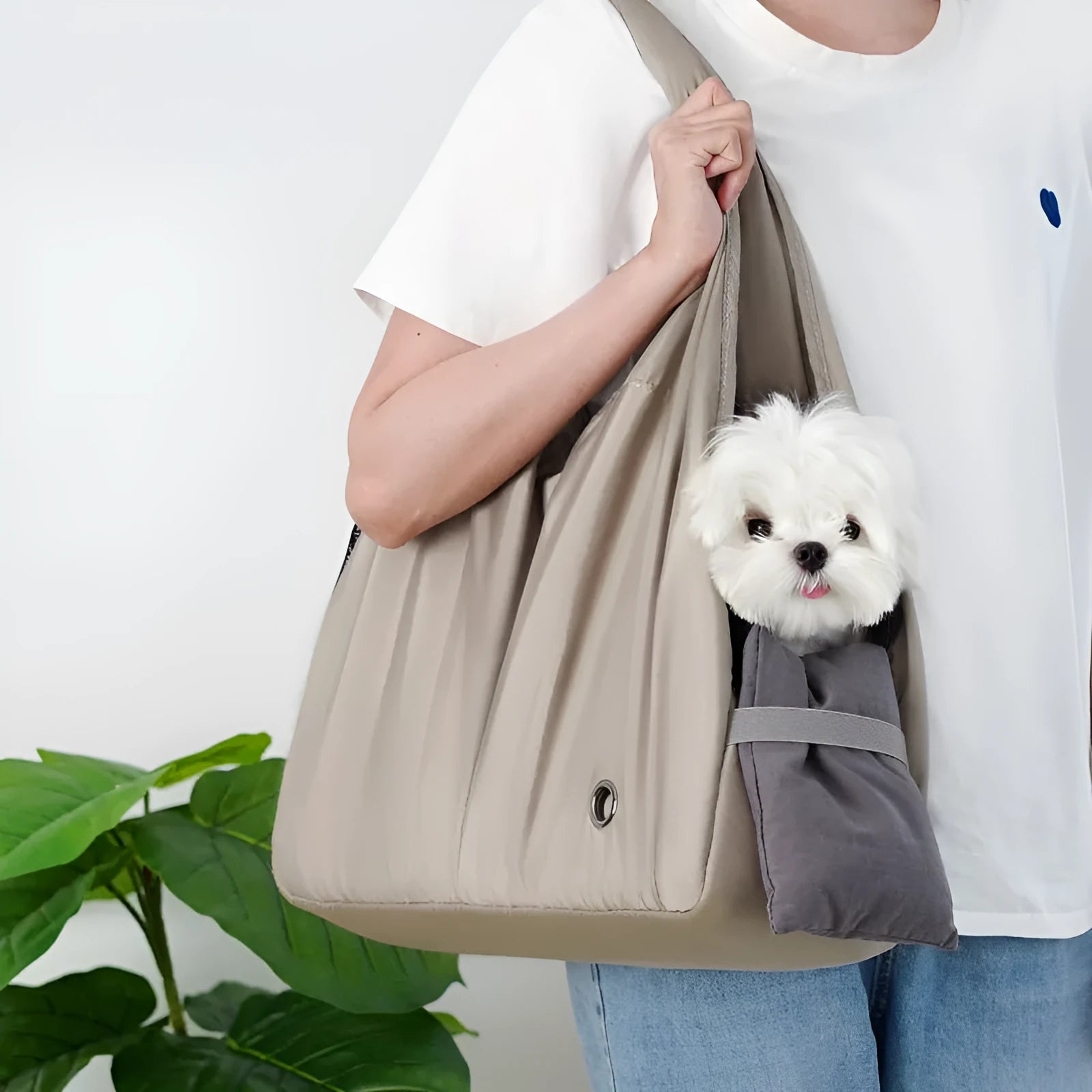 Apricot cloth pet carrier handbag showing dimensions of 41cm length by 16cm width by 28cm height