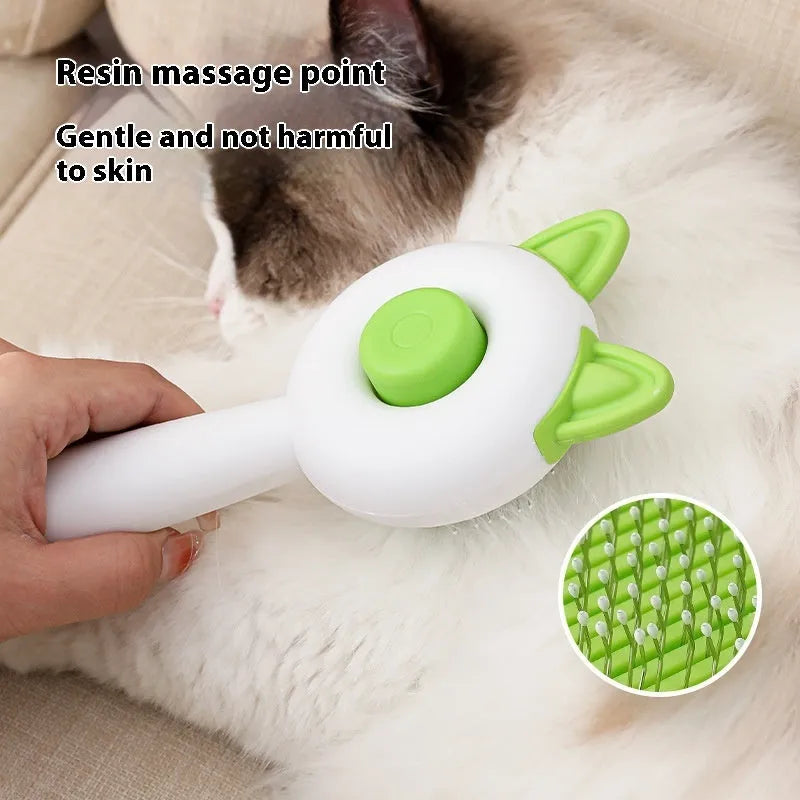 Self-cleaning cat comb grooming tool in greenish white colour with PP, TPR and stainless steel construction