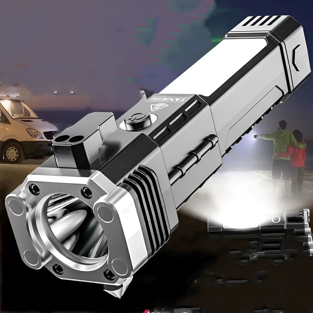 Silver portable LED emergency flashlight with power bank charging function