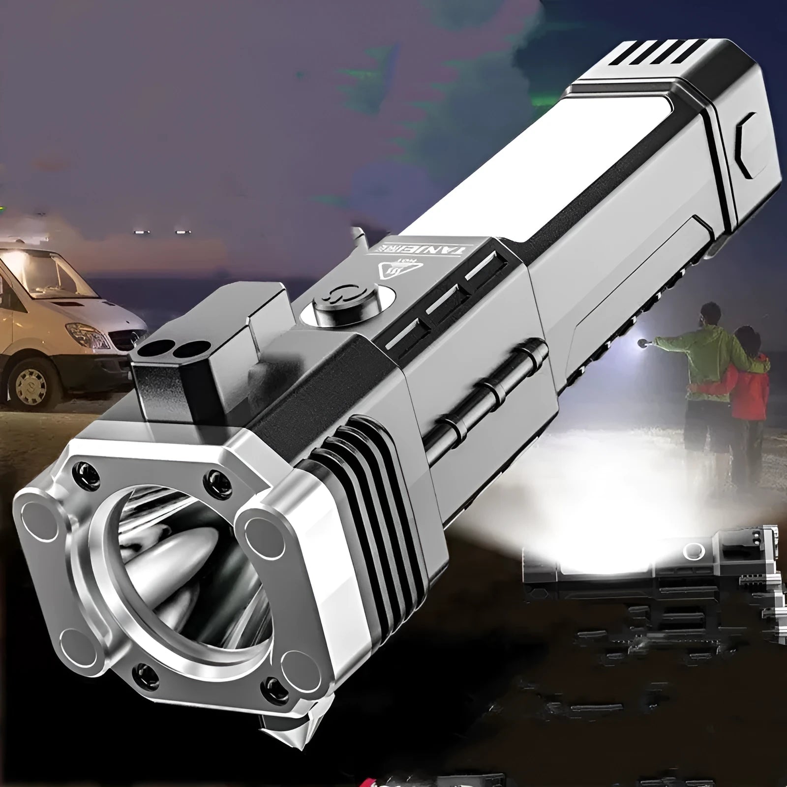 Silver portable LED emergency flashlight with power bank charging function