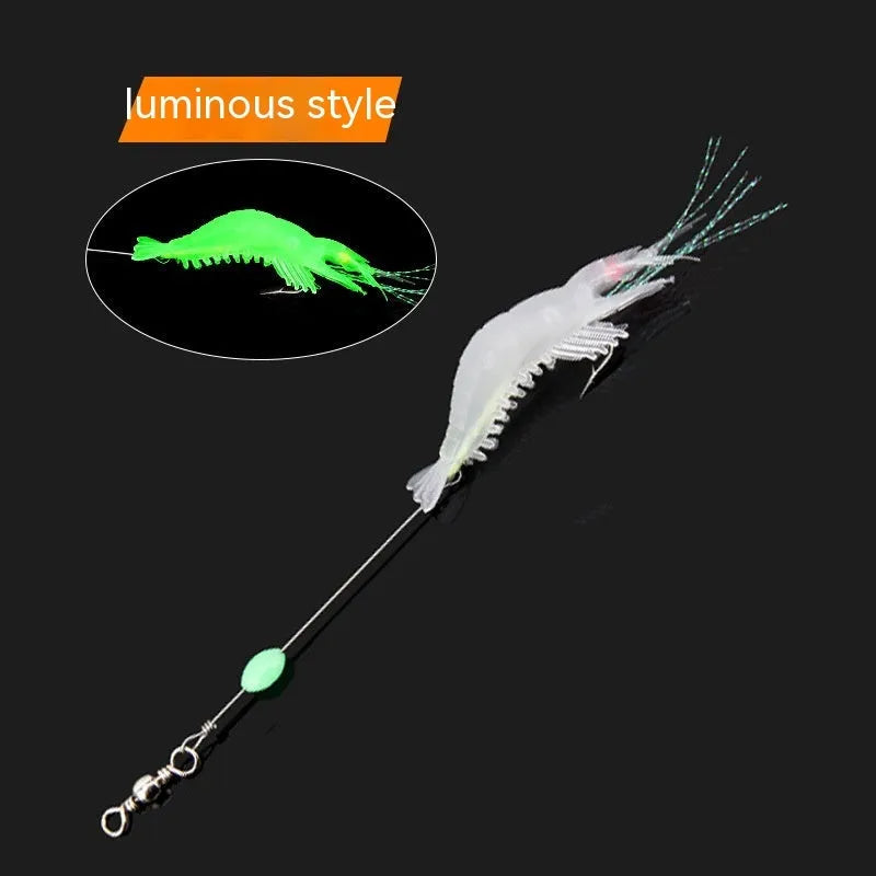 Six assorted colour Luer soft fishing lures with hooks on a blue background.