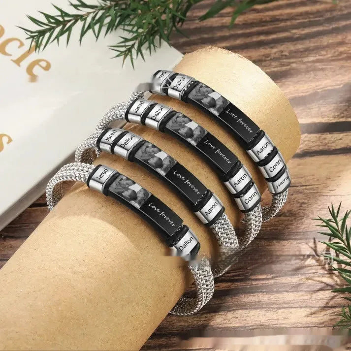 Titanium steel and leather rope bracelet with lettering beads and heart shape design