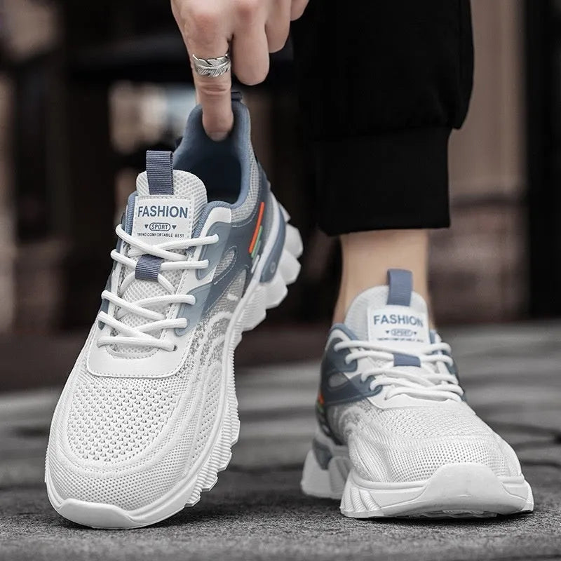 Men's white blue and black platform casual sports shoes with mesh upper and rubber sole