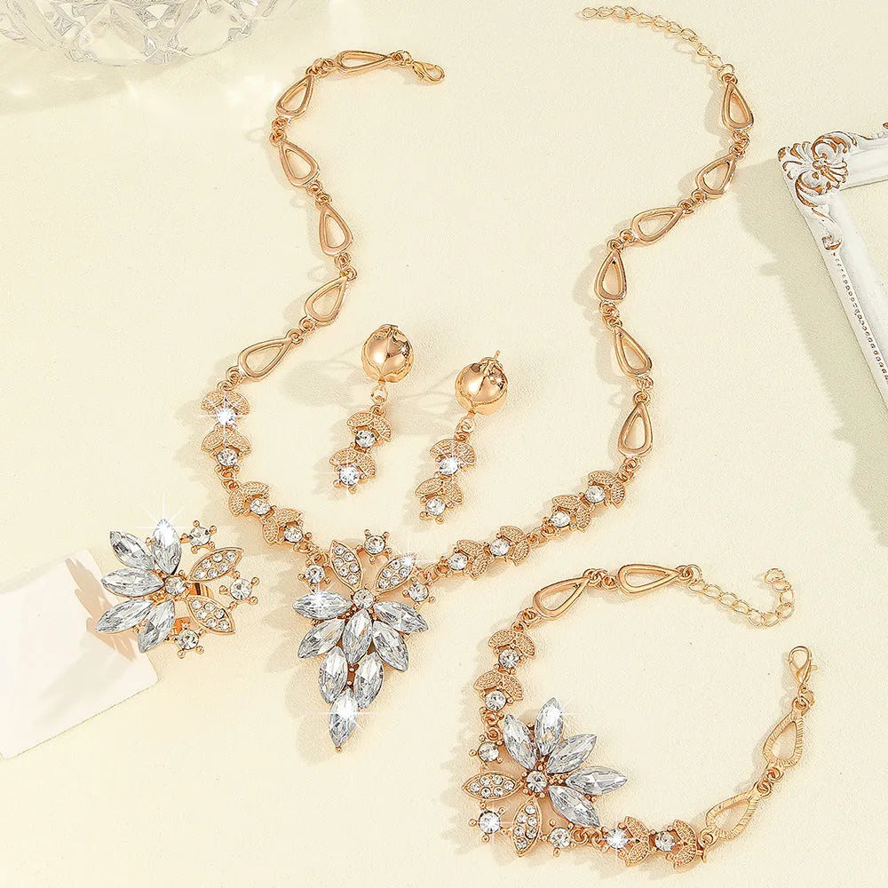 White electroplated alloy women's jewellery set earrings necklace ring bracelet with plant flower pattern