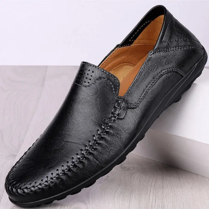 Men's cowhide leather business casual shoes round toe solid colour rubber sole available in black brown and cotton-lined versions