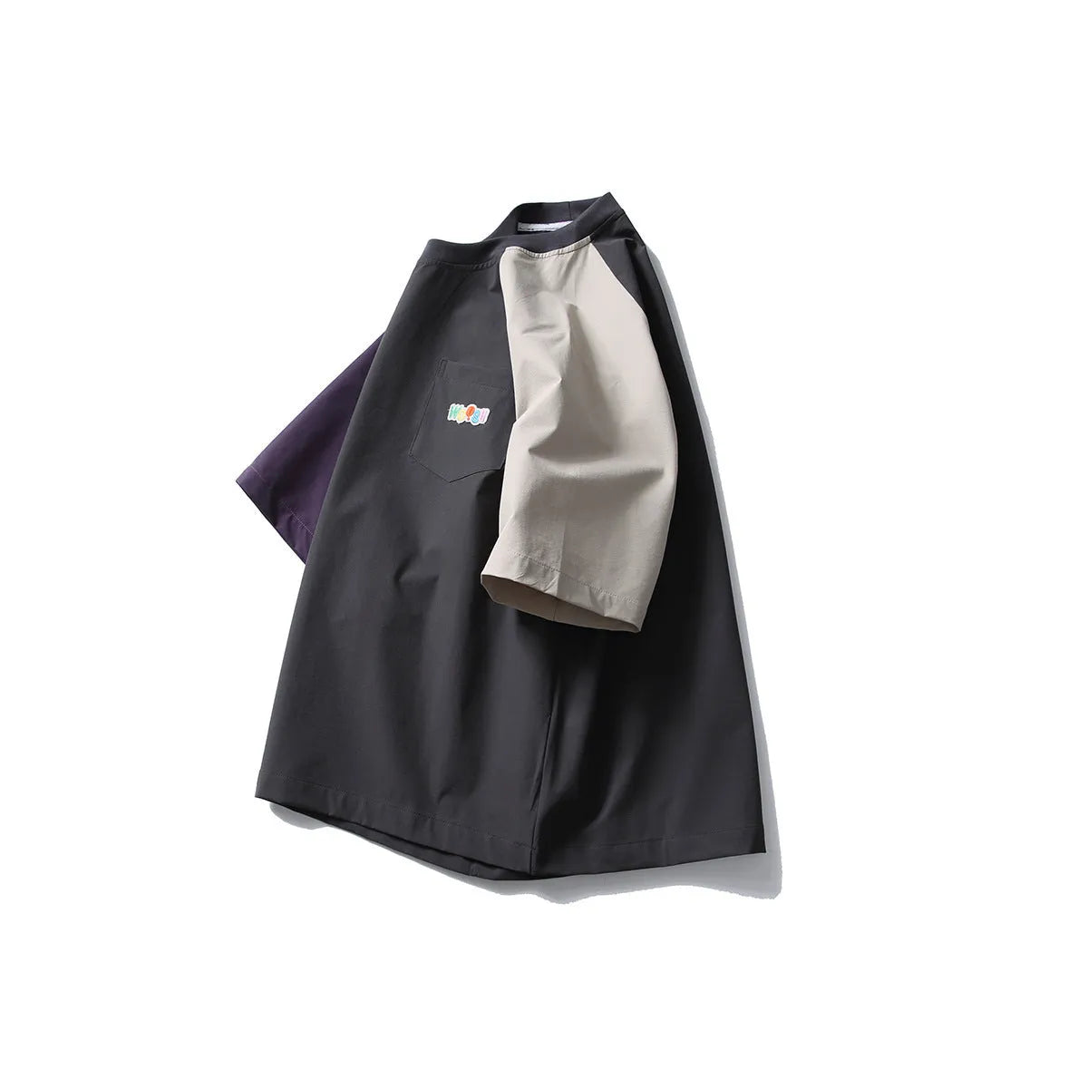 Dark grey men's t-shirt with contrast colour raglan sleeves and loose fit