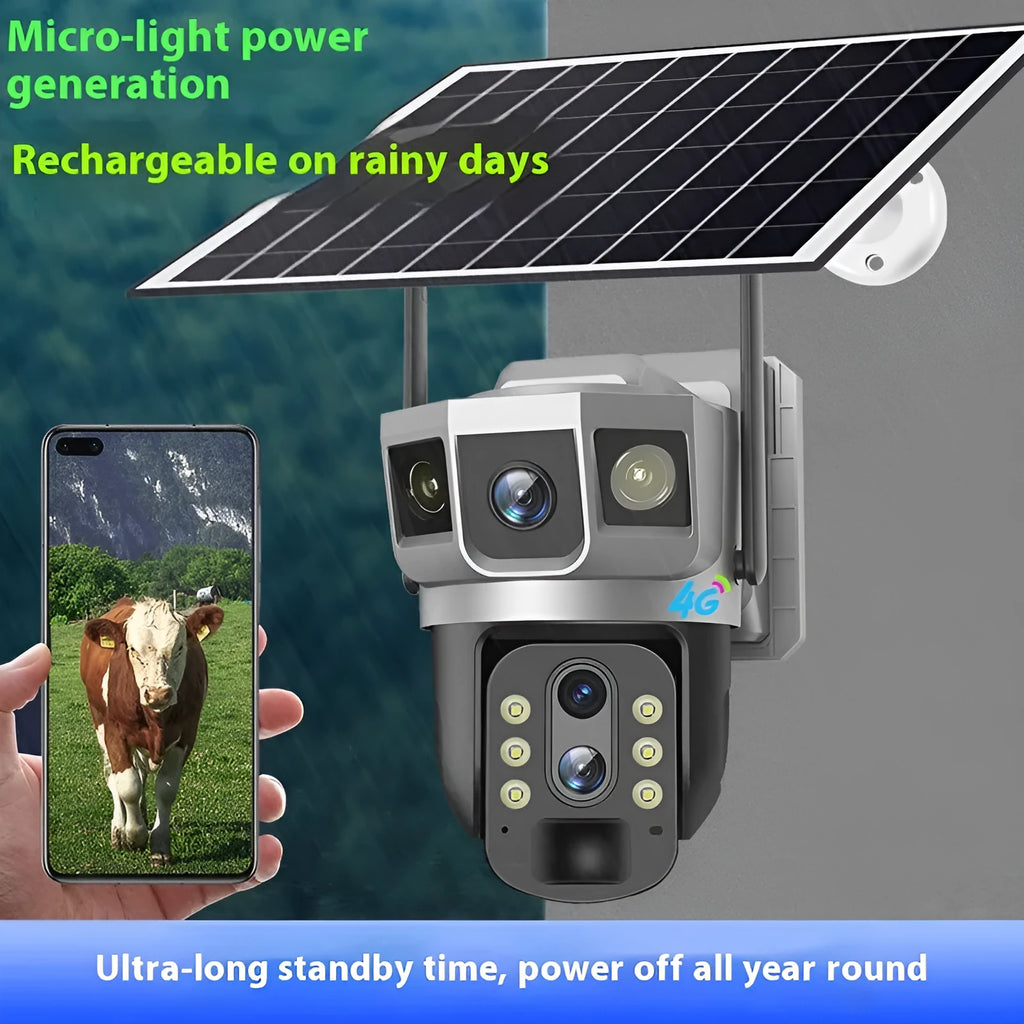 V380 4G outdoor monitor camera with solar panel, 10x zoom, and night vision in ABS plastic housing