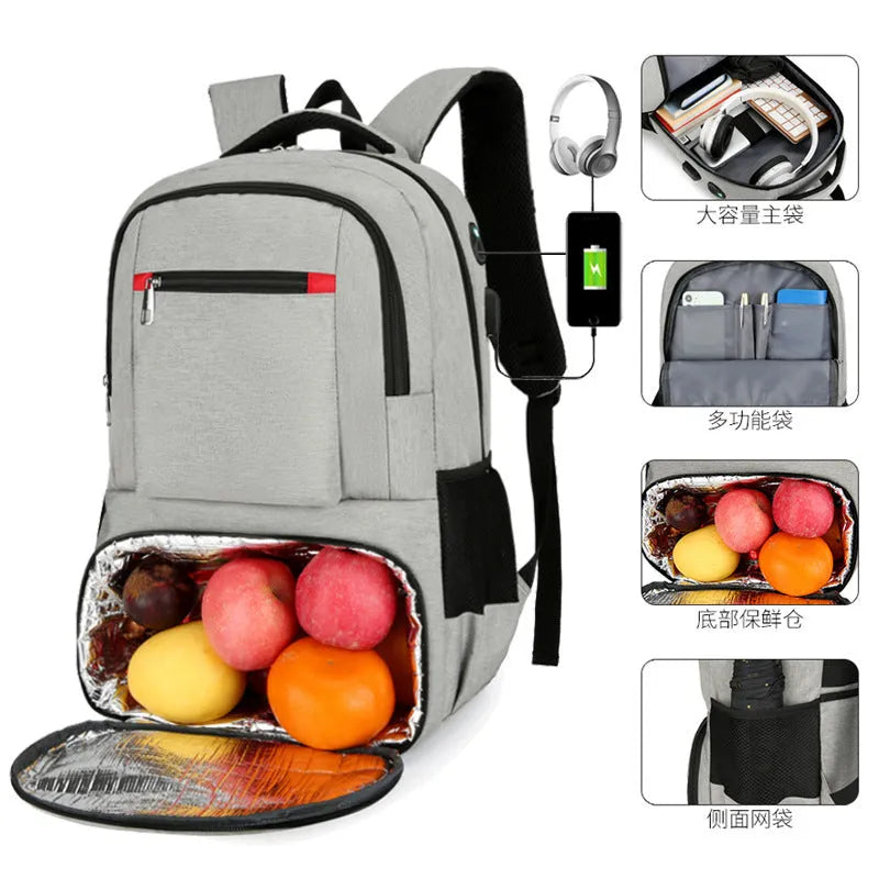Oxford cloth insulated backpack with curved shoulder straps in light grey, showing dry-wet separation compartments