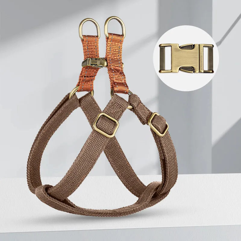 Vest style dog leash in cotton and nylon with alloy fastener in three colour options