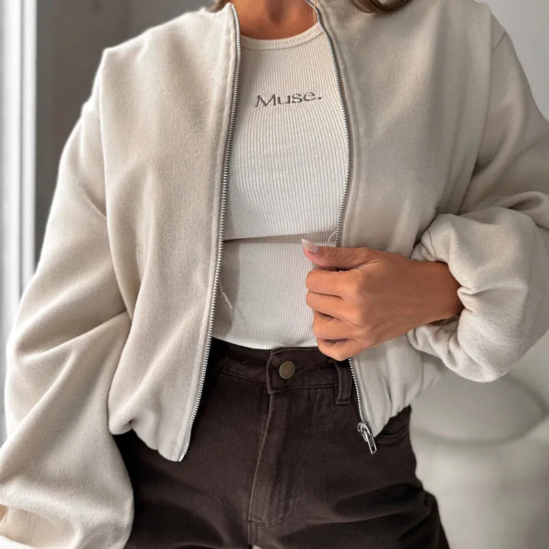 Women's off-shoulder short coat with lantern sleeves in milky white or brown colours