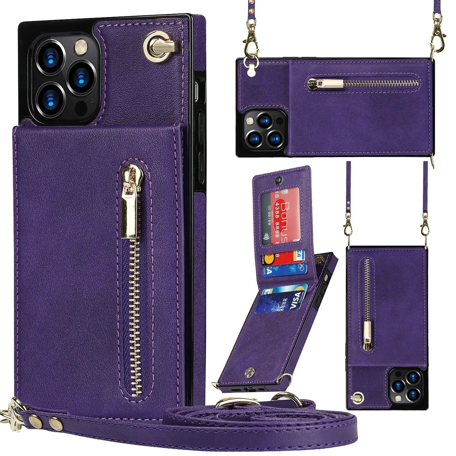 Black leather and TPU mobile phone case shown fitted on a smartphone.
