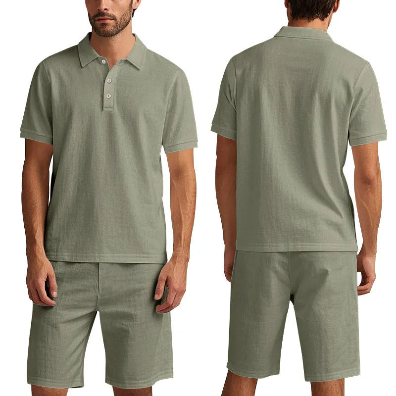 Summer men's casual linen blend shorts suit set in light blue with short-sleeve shirt and matching shorts on model