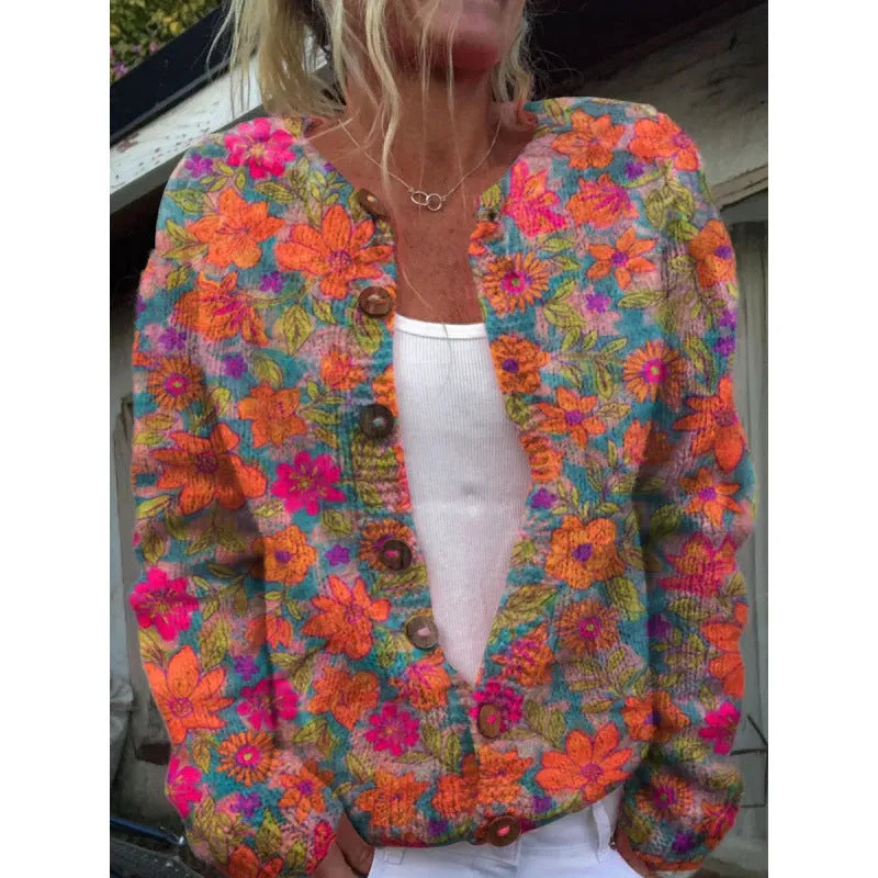 Digital printing cardigan knitted coat in yellow with 3D effect pattern, front view