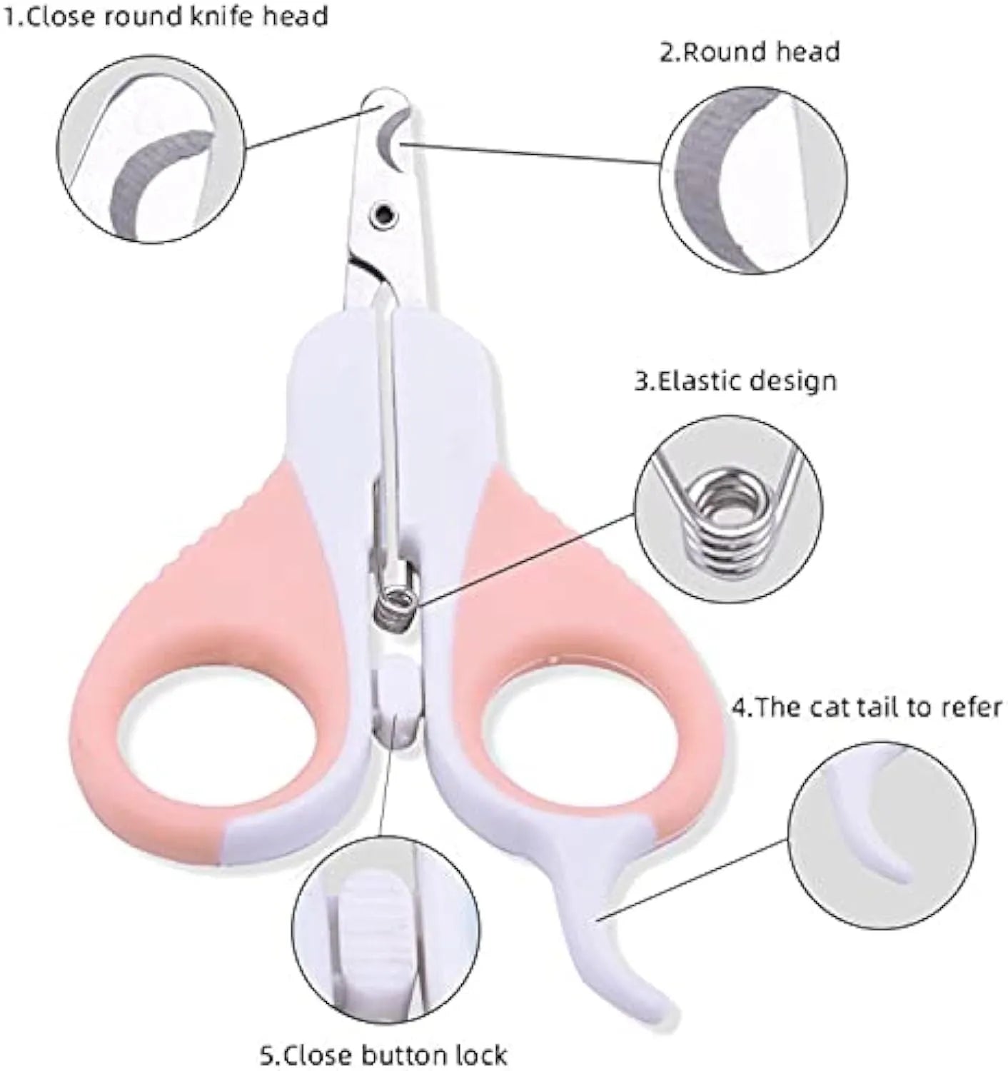 Grey and pink cat nail clippers with angled blade and safety guard on a table.