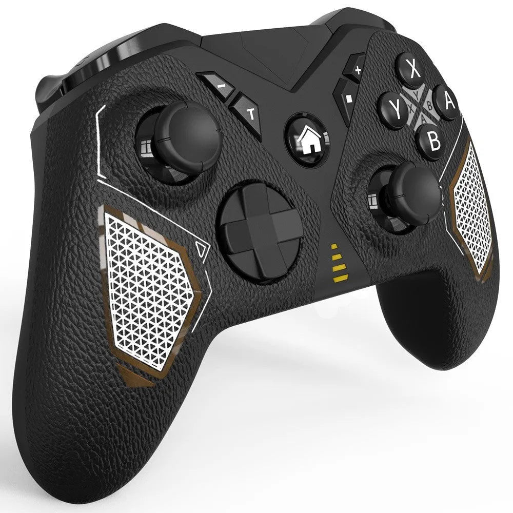 Black wireless game controller with textured grip for Nintendo, smartphone, and PC use