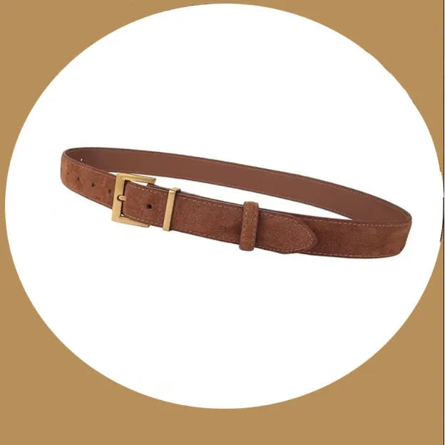 Ladies' genuine cowhide leather belt with quadrilateral design and pin buckle fastening