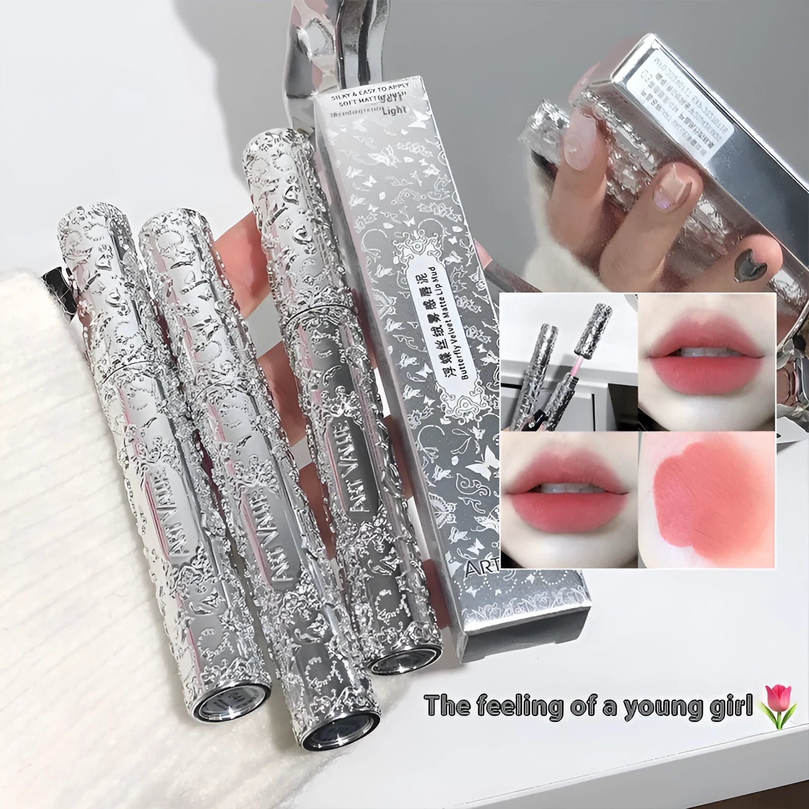 Velvet Mist matte white lip muddy lipstick in rose sweet mist shade with waterproof formula