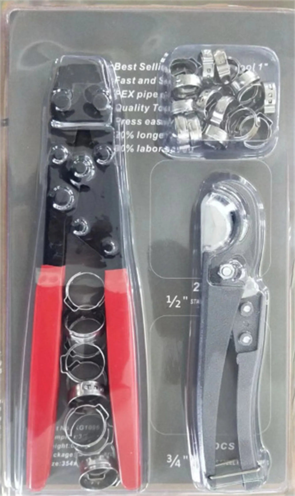 Red coloured metal single ear clamp tool set with carbon steel cutting edge on a workbench.