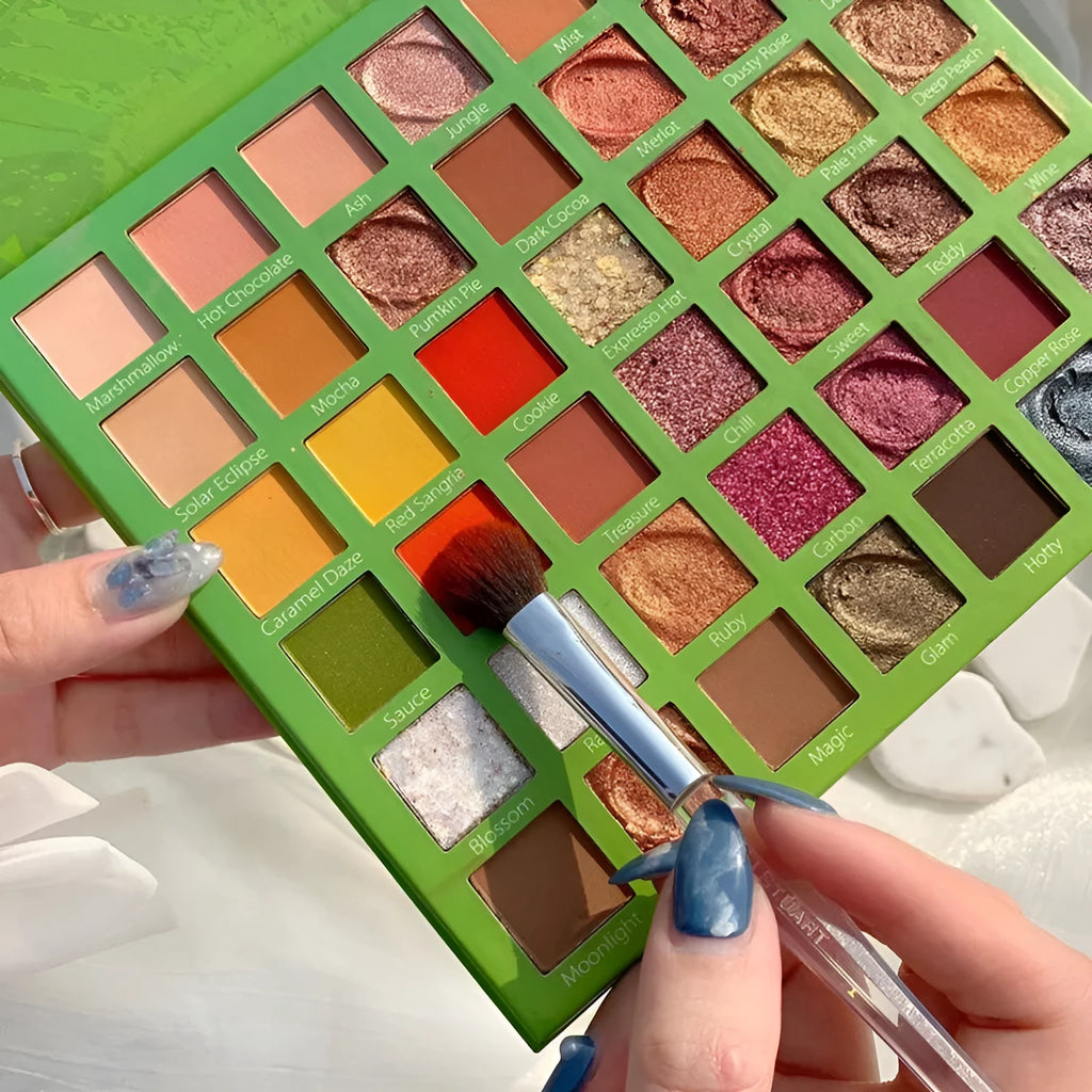 42-colour eyeshadow palette with potato and matte textures, compact case, green style, smooth shiny and matte powders