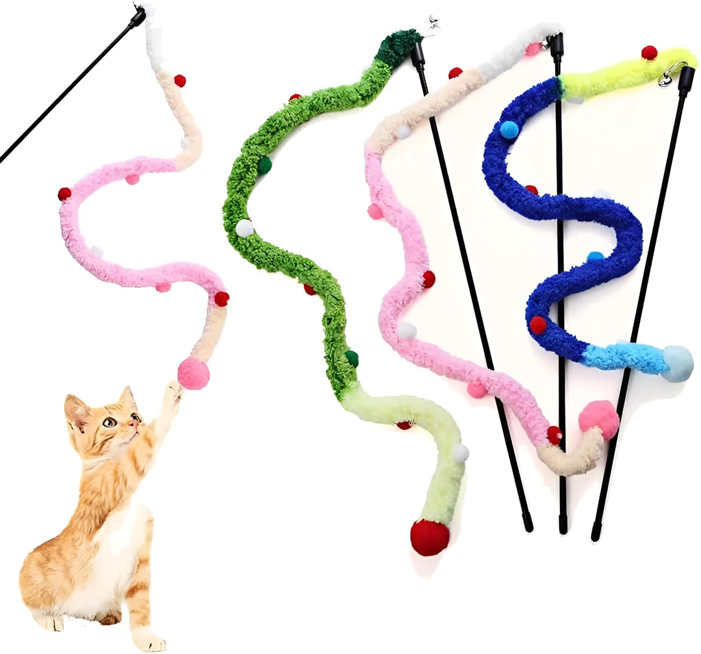 Blue cat wand toy with long plush strip and colourful ball with bells for interactive feline play