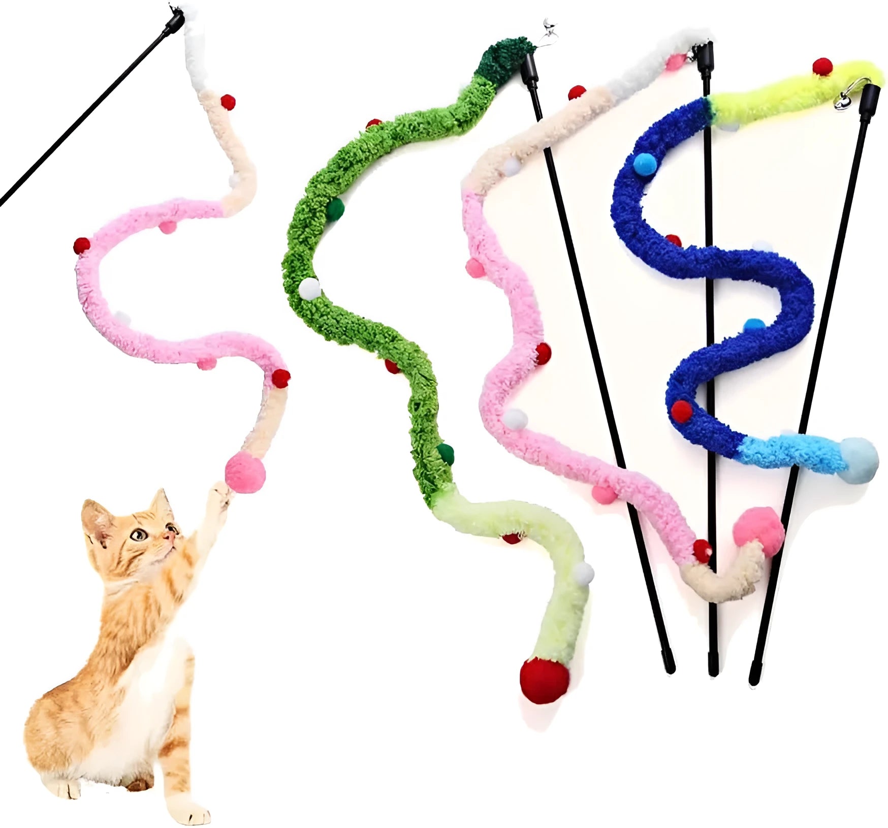 Blue cat wand toy with long plush strip and colourful ball with bells for interactive feline play
