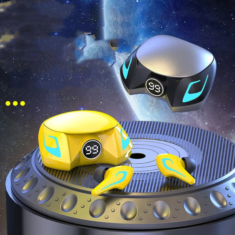 Wireless Bluetooth gaming earbuds in black, grey, or yellow with 10m range and 4-hour battery life