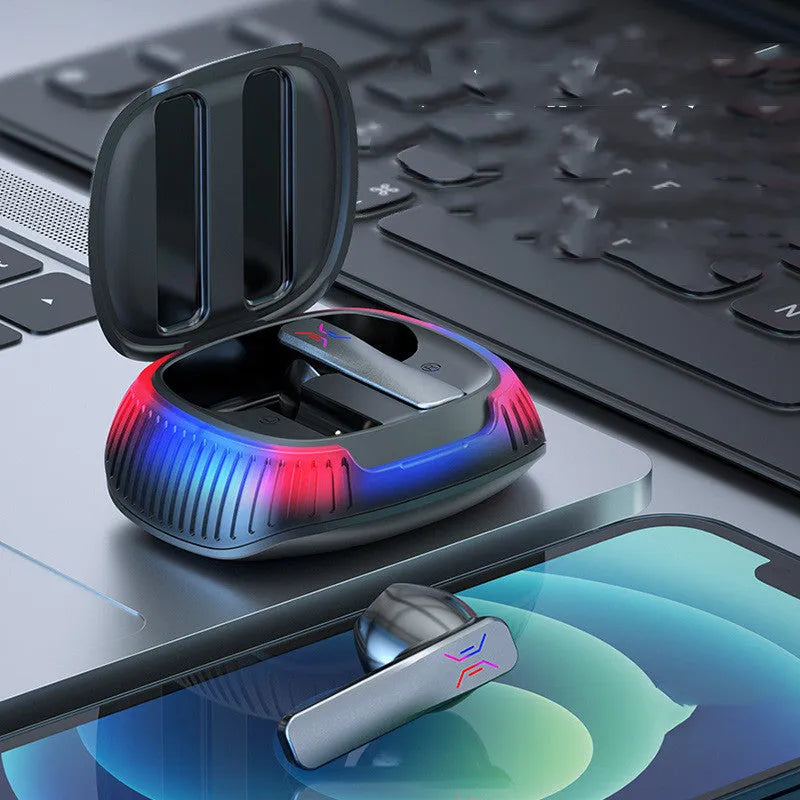 Hall Flashing low-latency wireless gaming headset in black, earplug style with Bluetooth 5.0