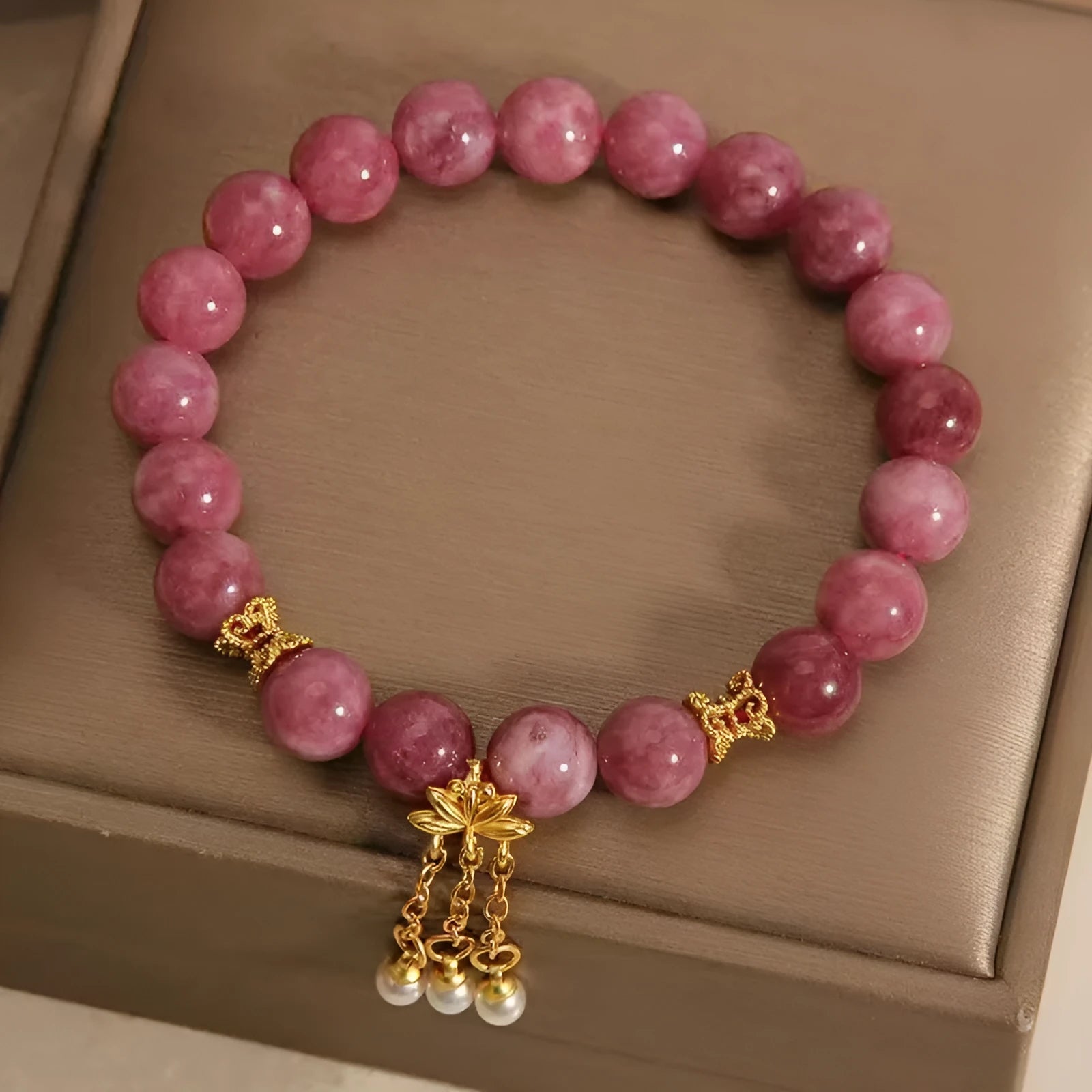 Natural stone bracelet with lotus tassel and pearl pendant, pink crystal colour, electroplated finish