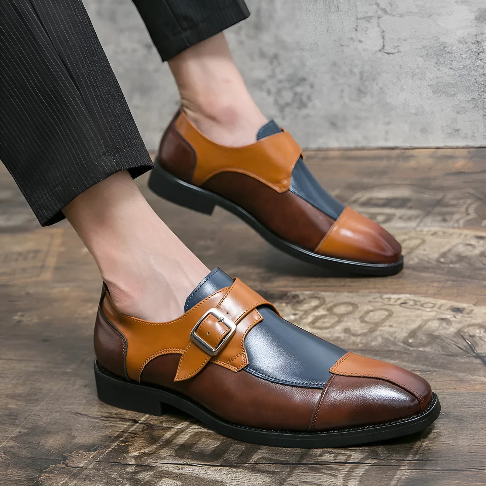 Men's brown blue and black British retro buckle casual leather shoes with tall crown design