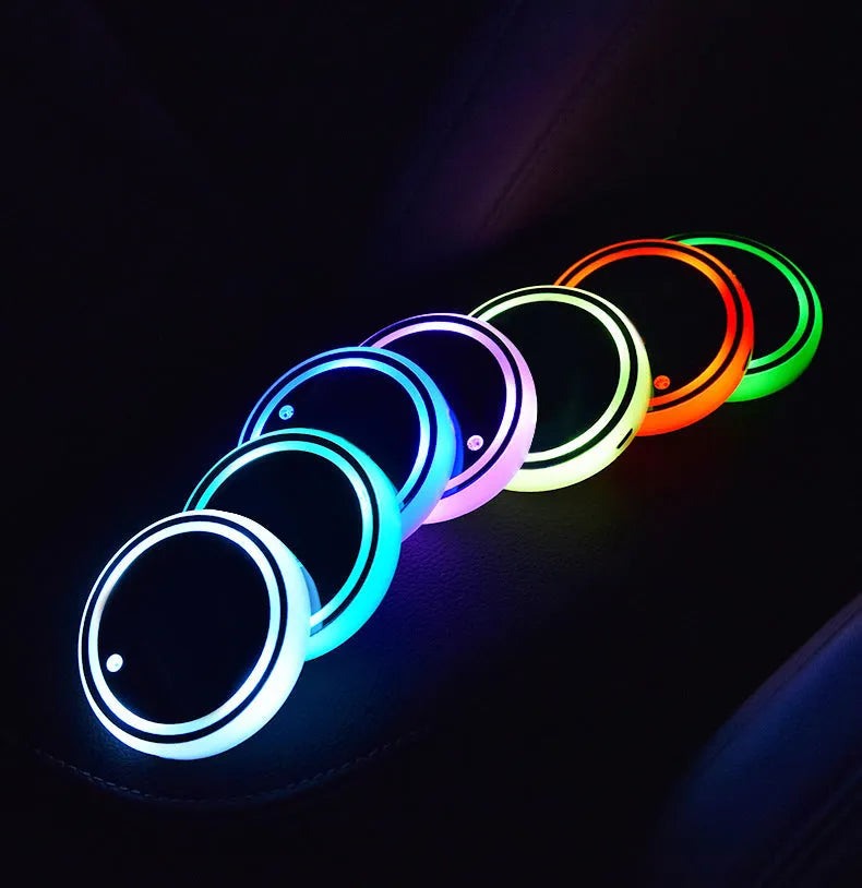 LED light-up coaster for car cup holder with seven colour changing modes and USB charging cable