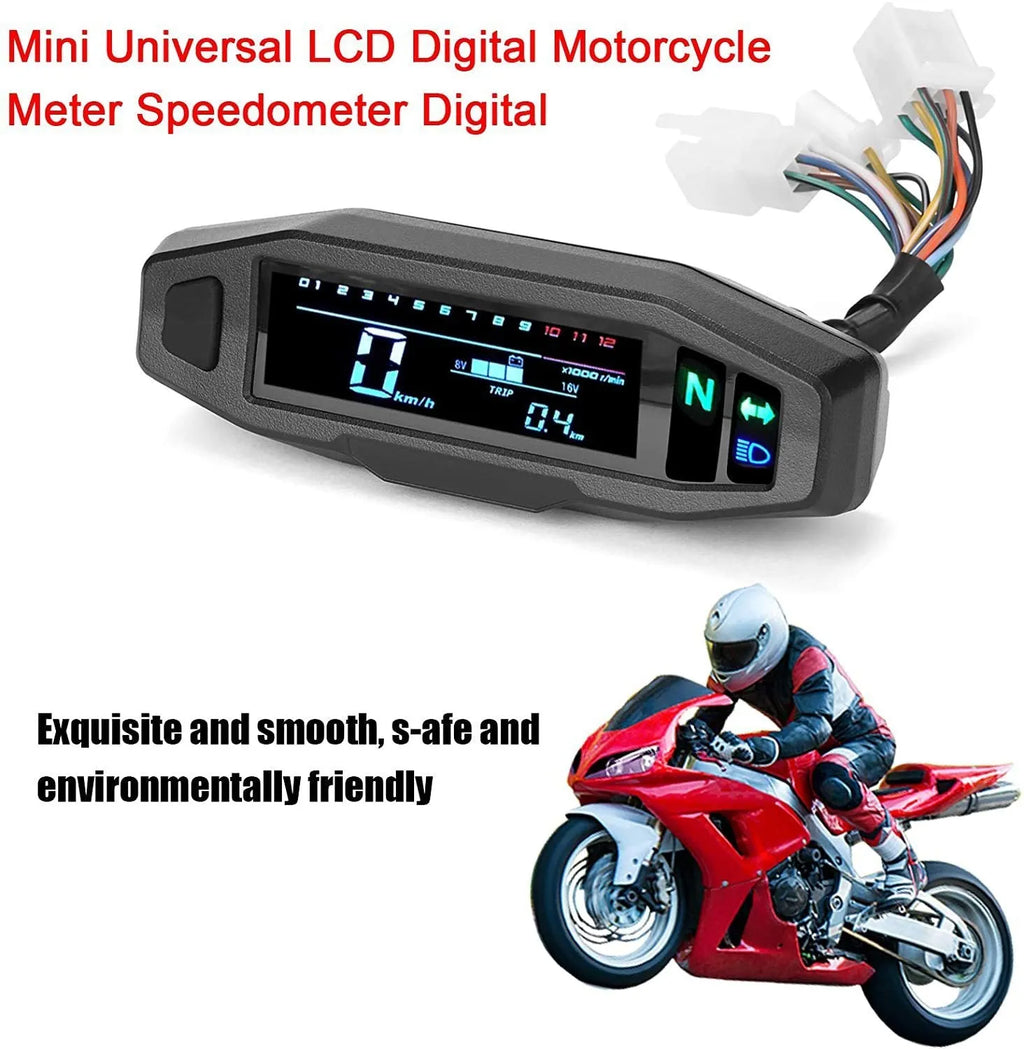 Black motorcycle mini speedometer LCD gauge showing speed, RPM, and oil level on backlit display.
