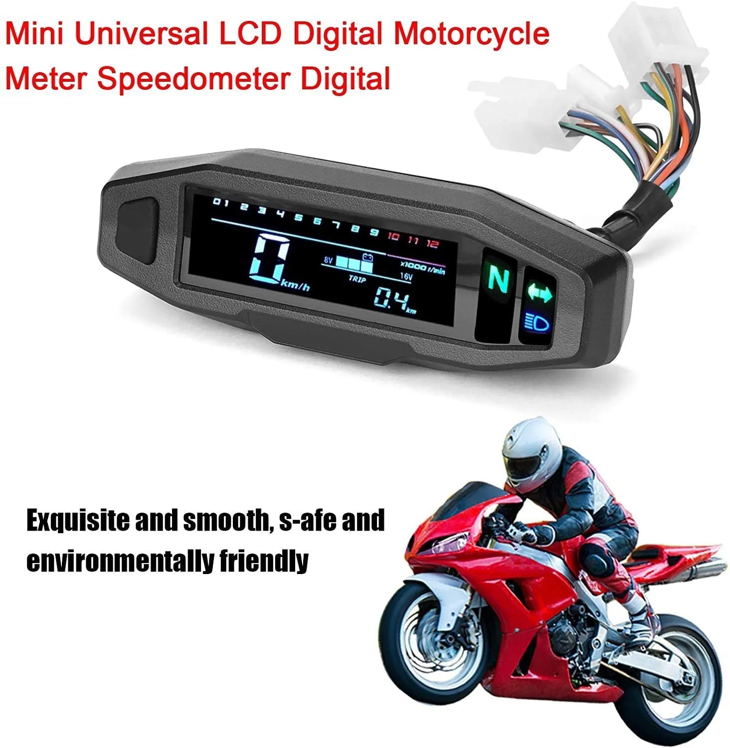 Black motorcycle mini speedometer LCD gauge showing speed, RPM, and oil level on backlit display.