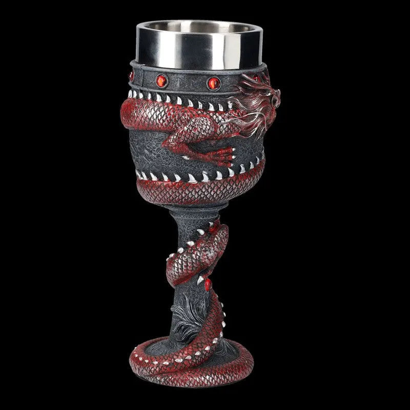 Red wine glass with Chinese dragon design on stainless steel base, 200ml capacity