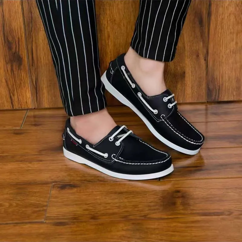 Men's black British-style casual shoes with round toe and artificial PU upper
