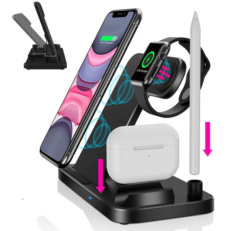 Folding 4-in-1 wireless charger showing multiple charging pads in open position with smartphone placement