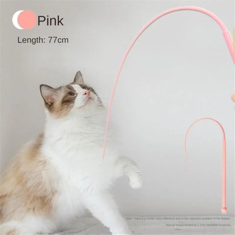 Blue silicone mouse tail cat toy stick measuring 80cm long with cat head design