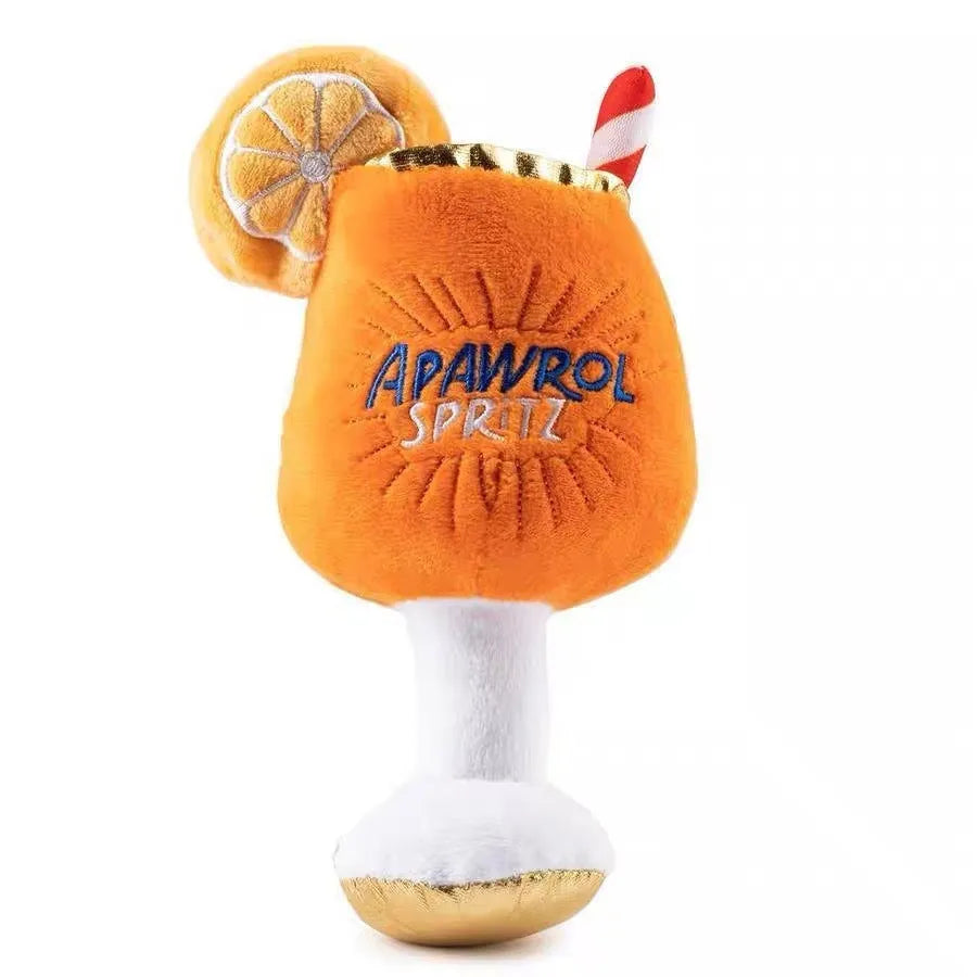 Yellow wine glass shaped plush squeaky dog toy with teeth cleaning ridges
